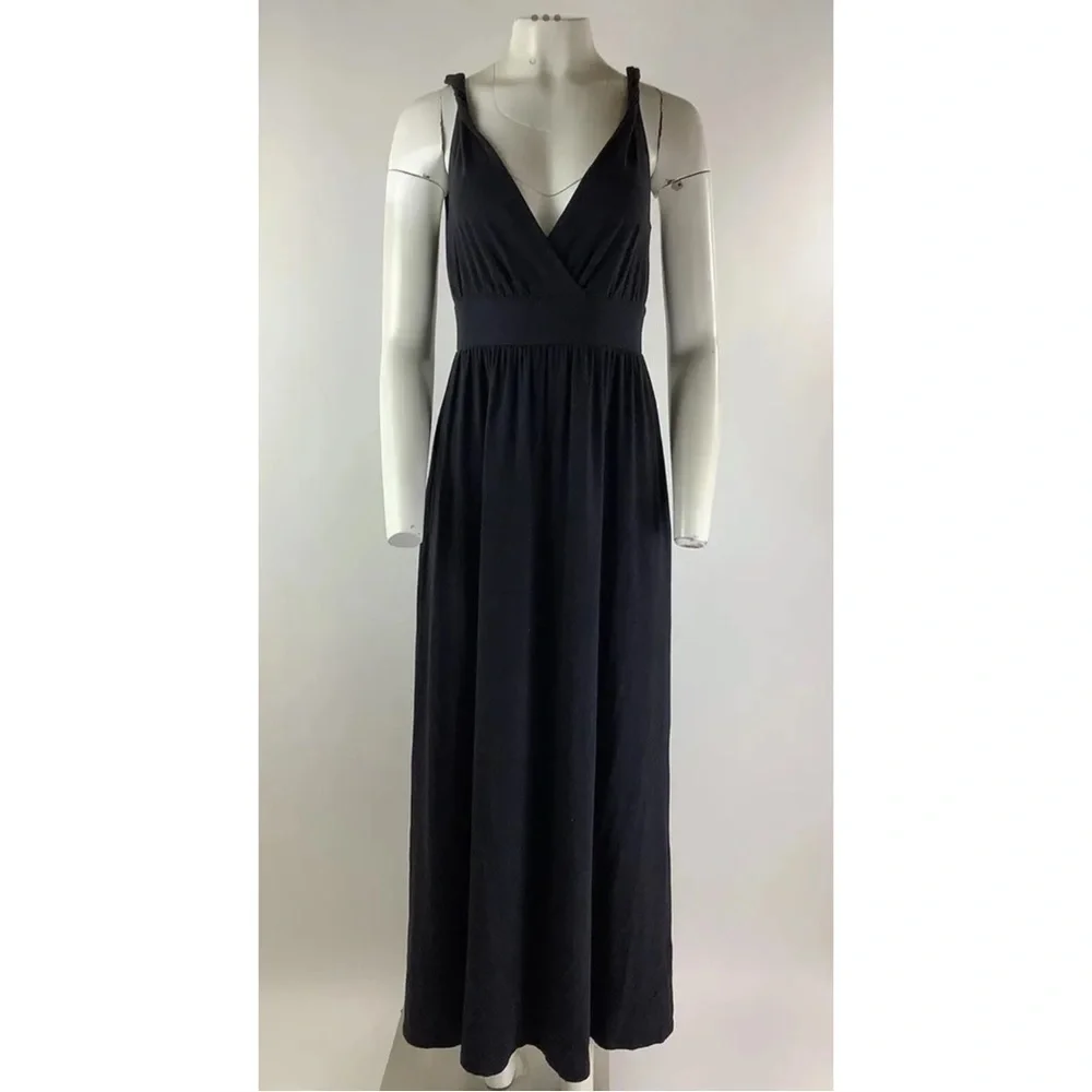 Garnet Hill Sz XS Twist Arm Maxi Dress Navy Blue Cotton Rayon V Neck Pullover